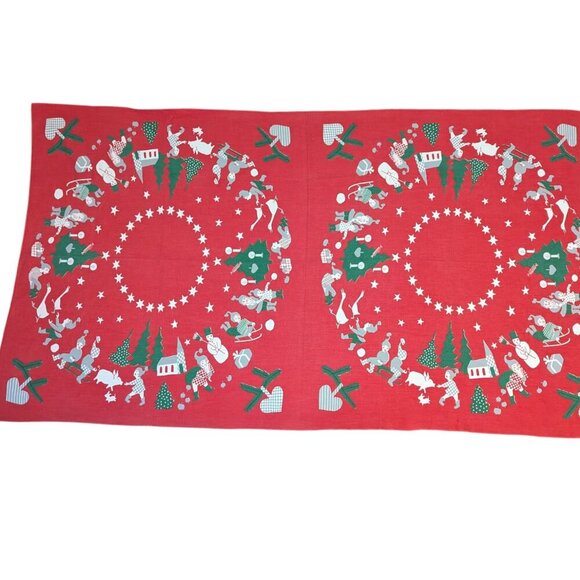 Vintage MCM Christmas Holliday Table Cloth Runner Elves Folk Art Boho Midcentury - Picture 7 of 7